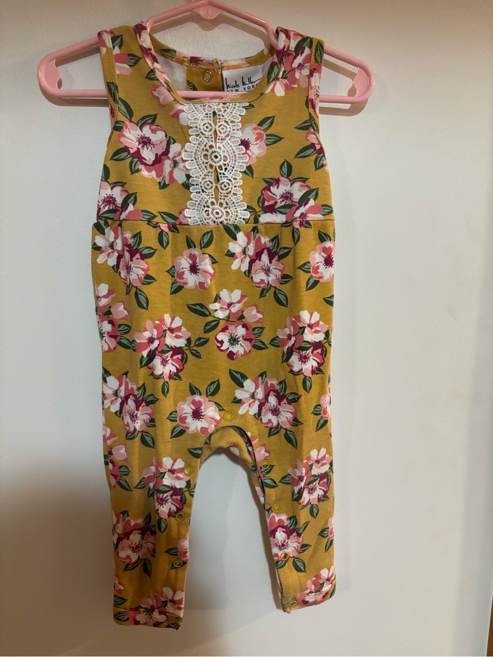 Nicole Miller Mustard Floral Lace-Trim Girls Romper